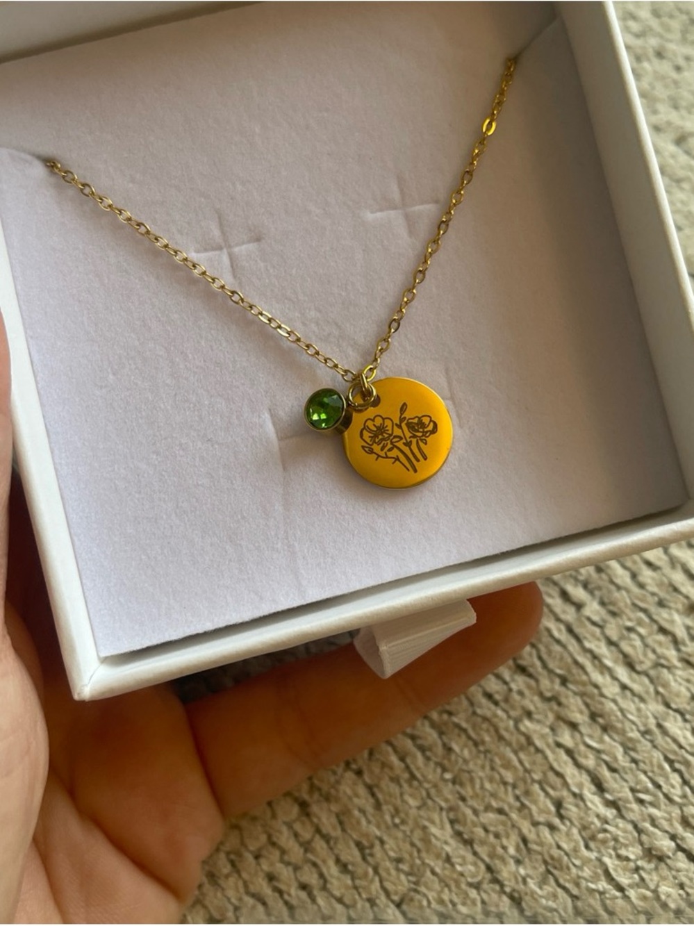 Gold Floral Pendant Necklace with Green Crystal Accent